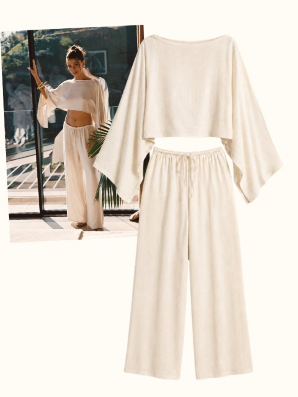 12th Tribe Cream Two-Piece Wide-Leg Pants & Crop Top Set